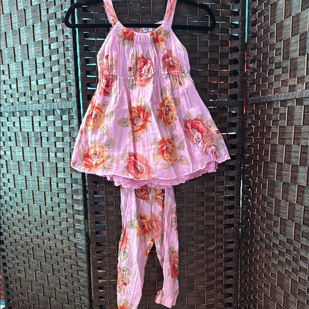 Floral Pink Eliane et Luna sz 2 swing dress set with gauzy legging pants EUC